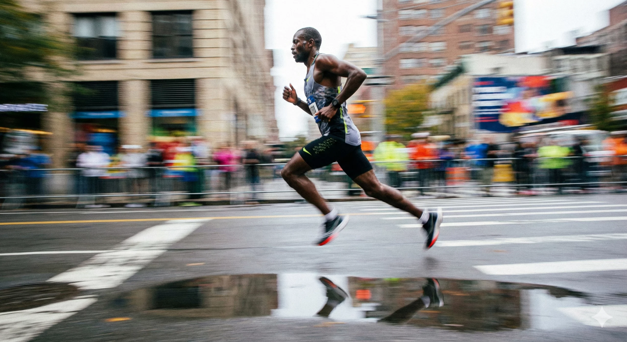 Runner in azione dinamica durante una gara, con effetto mosso che enfatizza la velocità e riflesso nell'acqua.