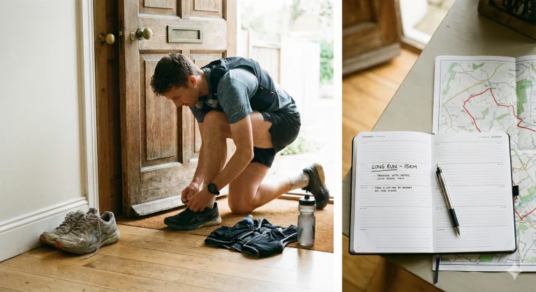 Runner che si prepara e diario di allenamento pianificato, visualizzazione della costanza e dell'organizzazione necessarie per raggiungere gli obiettivi di corsa nel lungo termine.