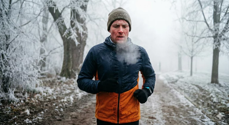 Runner in abbigliamento termico corre in un parco ghiacciato con respiro visibile, immagine rappresentativa per l'allenamento invernale di corsa e la costruzione della base aerobica.