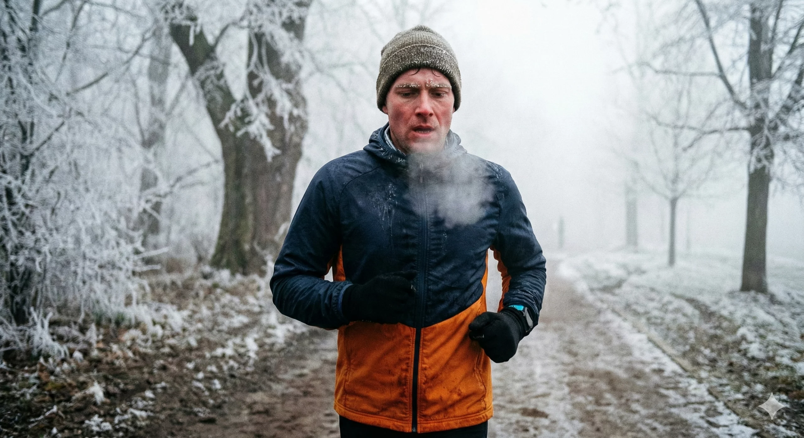 Runner in abbigliamento termico corre in un parco ghiacciato con respiro visibile, immagine rappresentativa per l'allenamento invernale di corsa e la costruzione della base aerobica.