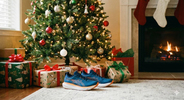 Scarpe da running vicino all'albero di Natale, riposo durante le feste.