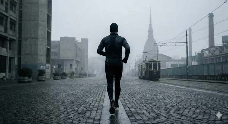 Runner corre determinato durante il blue monday a Torino.