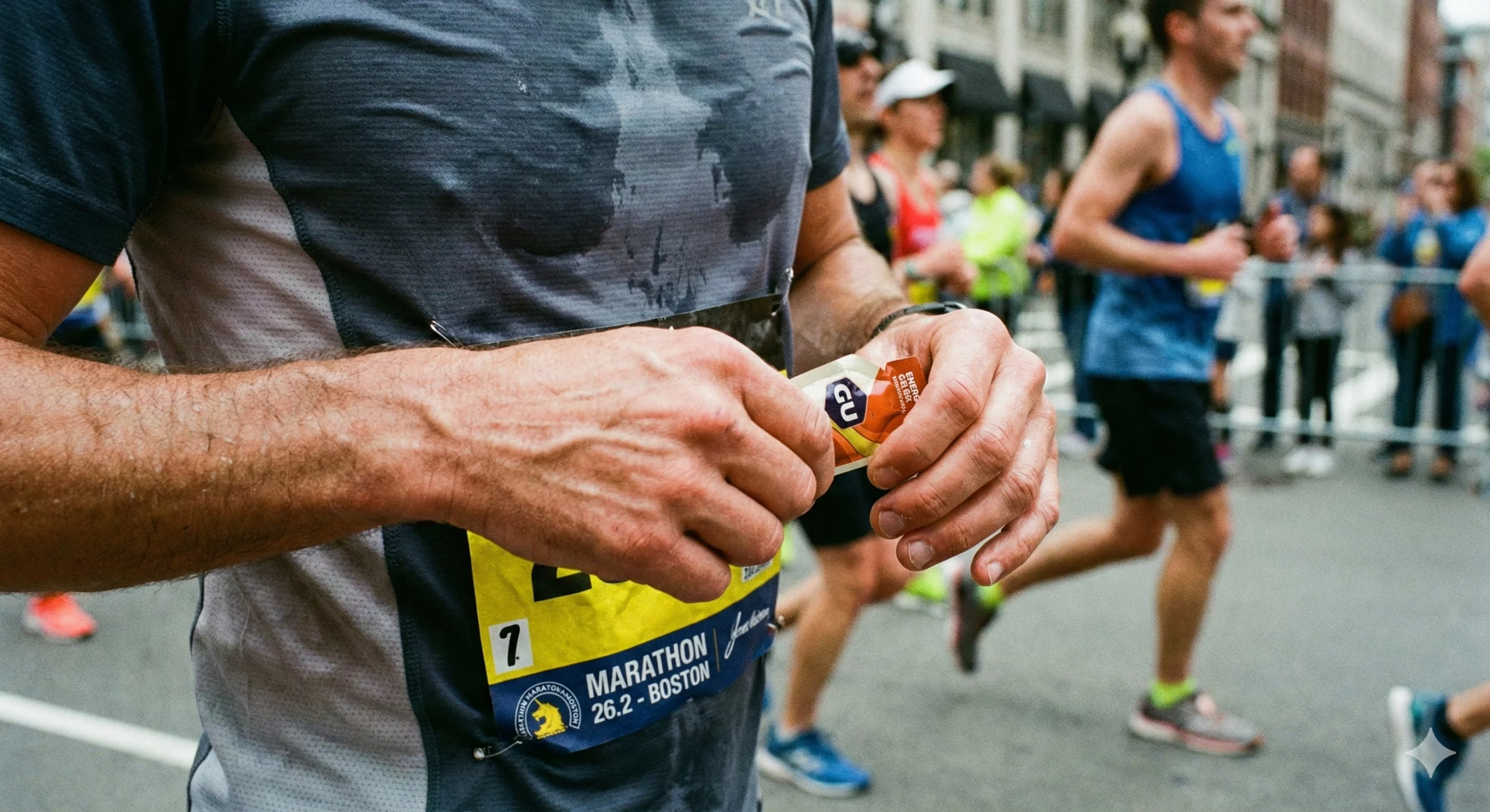 Runner utilizza gel energetico durante una maratona.