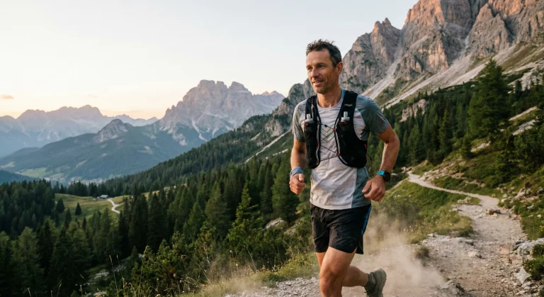 Runner respira correttamente durante allenamento in montagna.